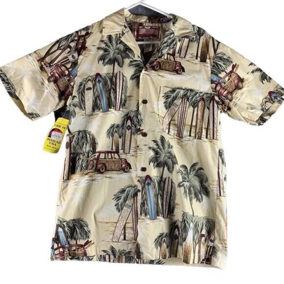 NWT RJC Mens Size Small Short Sleeve Hawaian Print Shirt Made in Hawaii Beige​ - Picture 1 of 8